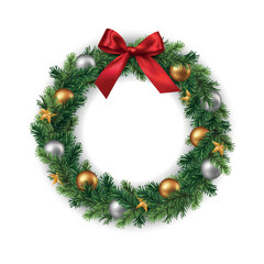 Wall Mural - vector realistic christmas wreath with gold and silver baubles and red ribbon, decorative round fram