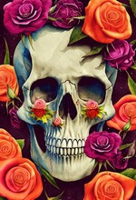 Human Skull And Roses Flowers - Halloween Theme Or Celebration Of The Dead. Colorful Vintage Vibe Gouache Watercolor Art Skeleton Portrait With A Creepy Teeth Grin. 