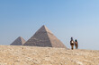Pyramiden von Gizeh bei Kairo, Kamele mit Reisenden, Ansicht von hinten.