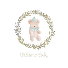 Watercolor Welcome Baby Card With Green Leaves Wreath, Plush Toy Bear. Isolated On White Background. Hand Drawn Clipart. Perfect For Card, Postcard, Tag, Invitation, Printing, Wrapping.