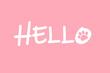 Hello. Banner, pink poster and sticker concept with text Hello. cat paw sticker with hello caption. Greeting card with text Hello. 
