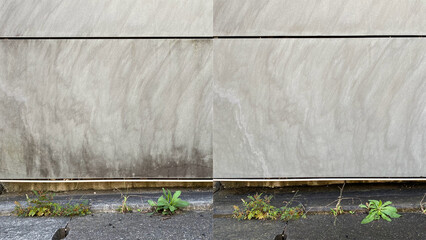 Before and after, cleaning of a gray marble on a building facade