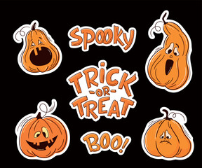Wall Mural - Halloween vector stickers set. One line hand drawn Halloween emoticon pumpkins and hand lettering sign. Jack o Lantern. Funny faces, cute pumpkins. Doodles for logo, poster, emblem. Cartoon style