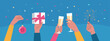 Holiday vector concept illustration in flat style. Human hands with glasses with champagne, gift box, Bengal light and confetti.