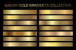 Luxury gold gradients collection vector. Golden gradients set of metallic festive gold vector colors. For Christmas cards, banners, tags, fonts, New Year Eve party flyers, invitation card design