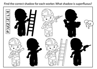 Wall Mural - Puzzle Game for kids. Find correct shadow. Coloring Page Outline Of cartoon workers with building tools. Profession. Coloring book for children.