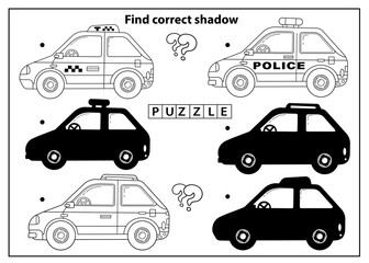 Wall Mural - Puzzle Game for kids. Find correct shadow. Images transport or vehicle. Cartoon passenger car or machine, taxi and police car. Coloring book for child