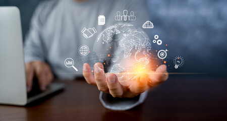 Man hand holding virtual Global Internet connection metaverse. Business global internet connection application technology and digital marketing.