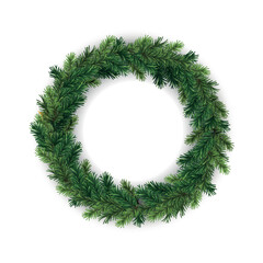 Wall Mural - vector christmas decorative round wreath frame with coniferous branches isolated on white background