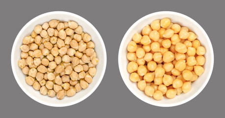 Wall Mural - Chickpeas, dried and boiled, in white bowls, over gray. Raw and cooked chick peas, high in protein seeds of Cicer arietinum, a legume, also known as garbanzo beans or gram. Isolated, macro food photo.