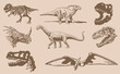 Graphical vintage set of dinosaurs , sepia background,vector illustration for tattoo and printing