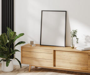 Wall Mural - poster frame mockup on wooden chest of drawers with decor, white wall, 3d rendering