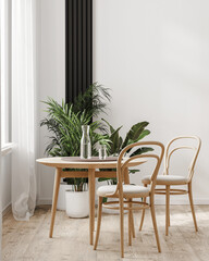 Wall Mural - dining table with wooden chairs near window, modern home interior, 3d rendering