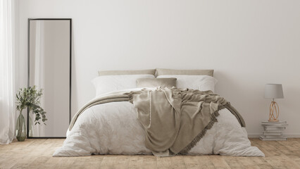 Wall Mural - bedroom interior with bed, mirror and decor, home interior mockup, 3d render