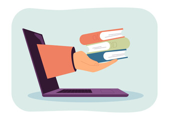 Sticker - Hand giving stack of paper books from laptop screen. Online learning and knowledge for person flat vector illustration. Education, library concept for banner, website design or landing web page