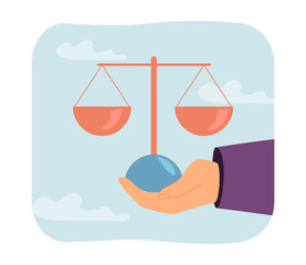 Sticker - Human hand holding balance scales. Man with symbol of justice and legal decisions flat vector illustration. Law, comparison, civil rights concept for banner, website design or landing web page