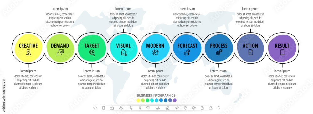 Business vector infographics with nine circles. Hand drawn timeline ...