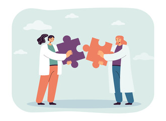 Wall Mural - team of doctors holding puzzle pieces. work of tiny female medical workers on diagnosis and treatmen