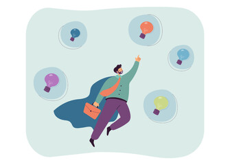 Wall Mural - business leader superhero flying among light bulbs in sky. success marketing innovation, idea of man