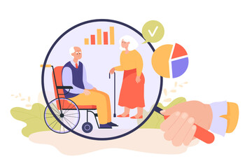 Wall Mural - hand holding magnifying glass in front of elderly man and woman. person doing research on old age, s