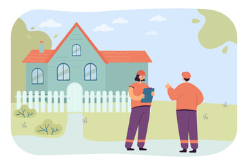 Builders standing at entrance to residential building. Man and woman discussing contract and repair plan flat vector illustration. Upgrade concept for banner, website design or landing web page