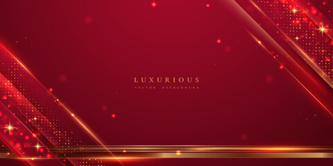 Red luxury background with gold line decoration and glitter light effect.