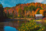 Fototapeta Na ścianę - Serene and beautiful scenics and scenery landscapes from rural Ontario during the fall and autumn season of October, featuring outbuildings, churches and barns.