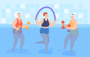 Wall Mural - Senior women exercising with dumbbells in swimming pool. Aged persons doing exercises in water flat vector illustration. Hydrotherapy, holiday, old age concept for banner or landing web page