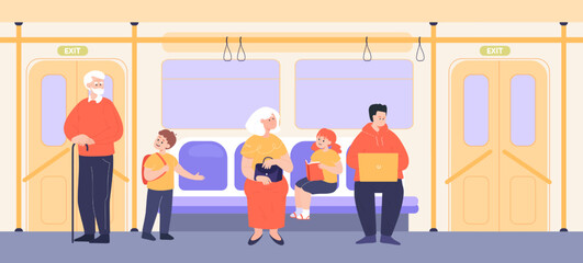 Wall Mural - boy offering seat to old man on train. little kid giving seat to elderly person on subway flat vecto