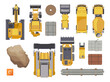 © SurfupVector - Top view of vehicles for construction vector illustrations set. Collection of drawings of yellow tractor, bulldozer, truck, digger isolated on white background. Heavy machinery, construction concept