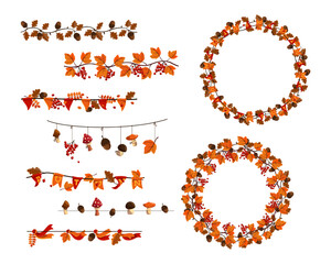 Wall Mural - autumn wreath and border set. vector illustrations of fall frames. cartoon garlands with maple leave
