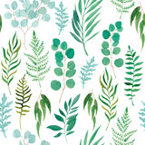 Fototapeta  - Colorful bohemian watercolor seamless pattern with forest greenery