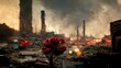 Macro close up of red flower against a post apocalyptic destroyed city