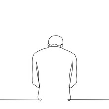 Man Standing With His Back To The Viewer With His Head Bowed - One Line Drawing Vector. Concept Repent, Blame, Pray, Wide Male Back