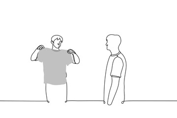 Poster - standing man shows a t-shirt to another man - one line drawing vector. concept t shirt seller convinces customer to buy t shirt