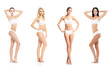 © Acronym - Young, fit, happy and beautiful blond woman in white swimsuit isolated on white background - set collection. Healthcare, diet, sport and fitness.