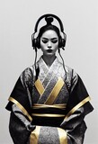 Fototapeta  - A young beautiful geisha in a kimono and headphones. Portrait of a beautiful geisha in a black and gold kimono. 3D rendering.
