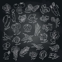 Hand-drawn Vegetables Set On Blackboard. Food Ingredients Vector Illustration. 