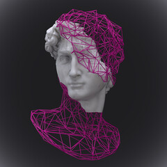 Abstract illustration from 3D rendering of a broken head fragment made of white marble of a classical male sculpture and pink wireframe structure bust isolated on dark background.