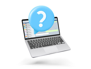 Poster - laptop with question bubble. 3d vector banner 
