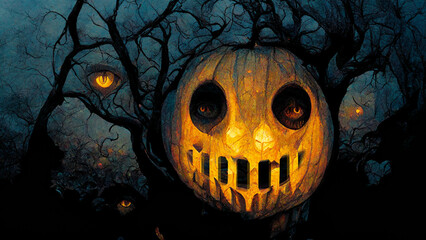 Poster - Halloween day eyes of Jack O' Lanterns trick or treating Samhain All Hallows' Eve All Saints' Eve All halloween spooky Horror Ghost Demon background October 31.