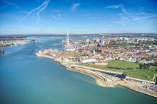 Aerial Photo Of The Entrance To Portsmouth Harbour In Southern England With The Spinnaker Tower In View.