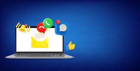 Poster - Modern laptop mockup with notifications of messengers. Horizontal vector banner with copy spaceю 3d vector