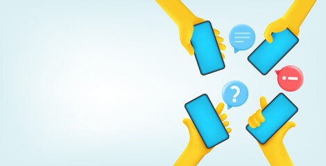 Aufkleber - Group of people communicating with smartphones. Comic 3d style vector banner with copy space