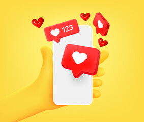 Aufkleber - Receiving reactions via social media on smartphone. 3d vector illustration