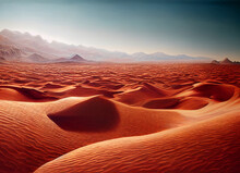 A Picture Of The Desert Mountain Landscape, Sand And Dunes In The Desert. A Breathtaking Landscape Illustrated View