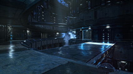 Wall Mural - dark moody atmospheric science fiction space station environment. 3d illustration.