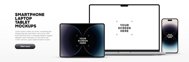 Aufkleber - Modern laptop mockup front view and high quality smartphone and tablet mockup isolated on white background. Notebook mockup and phone device mockup for ui ux app and website presentation.Stock Vector.