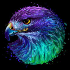 Wall Mural - Red-tailed hawk. Abstract, Multicolored, Neon portrait of a hawk in watercolor style on a black background. Digital vector graphics.