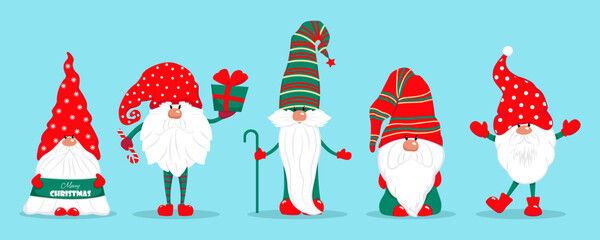 Christmas gnomes set. Vector characters in flat style. Set of Christmas gnomes with gifts candies illustration.